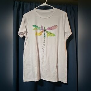 White T-Shirt with Colorful Dragonfly Design